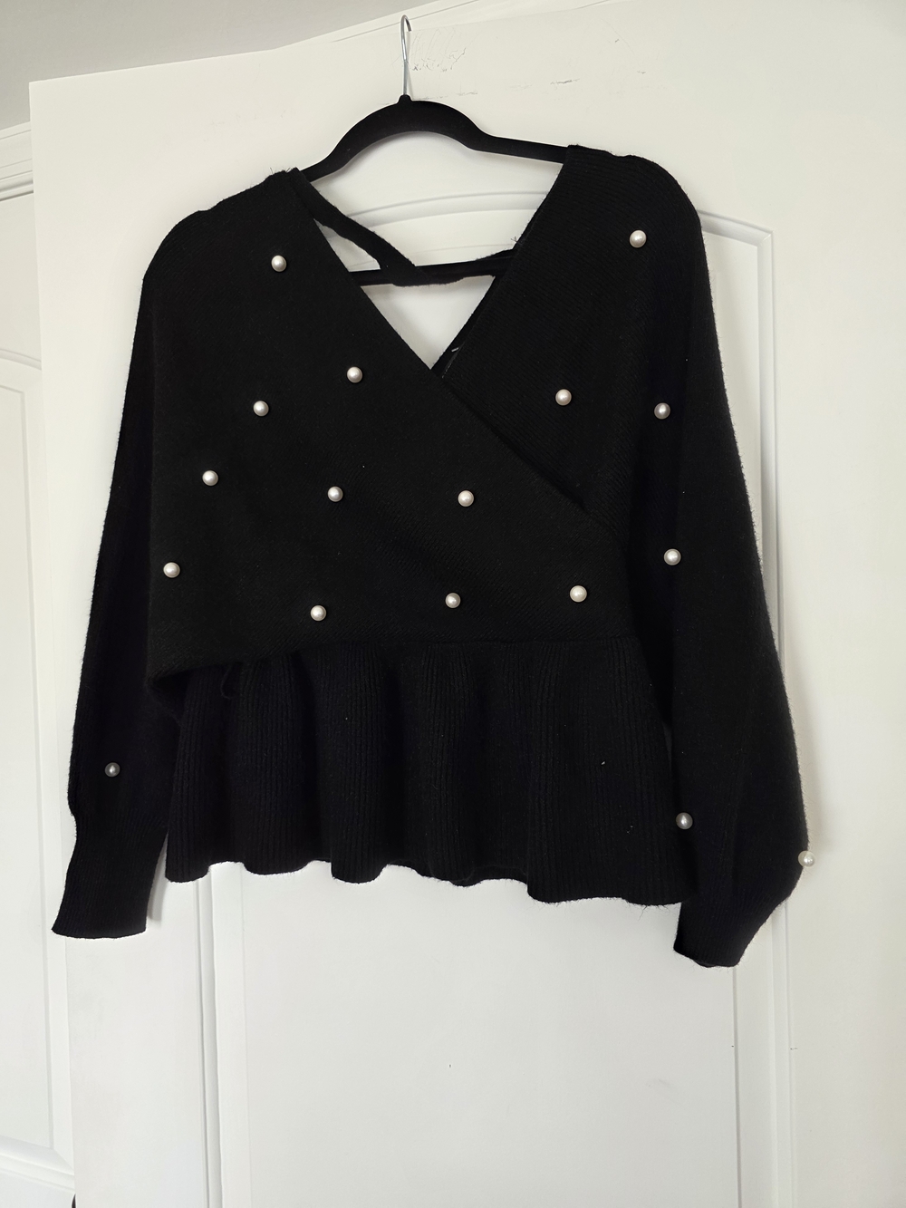 Papermoon Black V-Neck Pearl-Accent Knit Sweater
